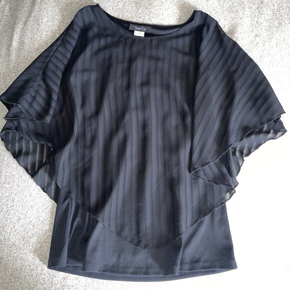 Black Layered Flowy Sheer Vertical Strip Cape Blouse Size M - Picture 2 of 5